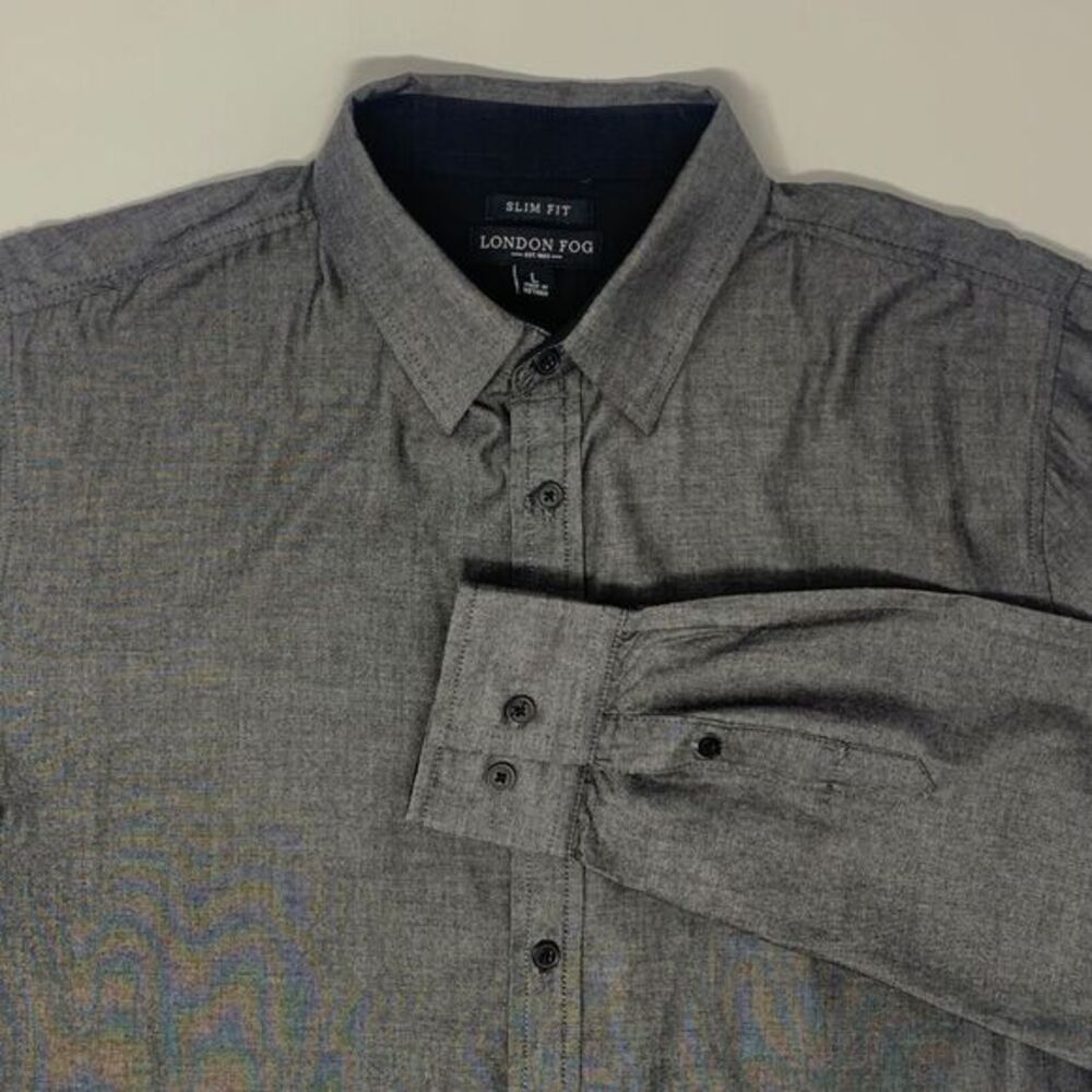 London Fog Slim Fit Dark Grey Cotton Men's‎ Long Sleeve Shirt Size Large